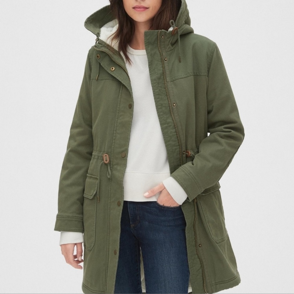 Gap army green double zip hooded fur lined coat